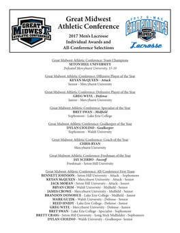 Great Midwest Athletic Conference 2017 Men’S Lacrosse Individual Awards and All-Conference Selections