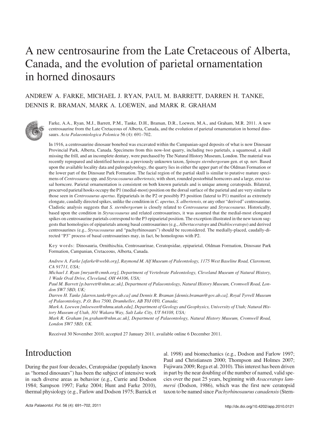 A New Centrosaurine from the Late Cretaceous of Alberta, Canada, and the Evolution of Parietal Ornamentation in Horned Dinosaurs