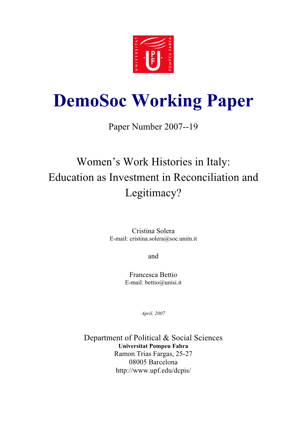 Women's Work Histories in Italy