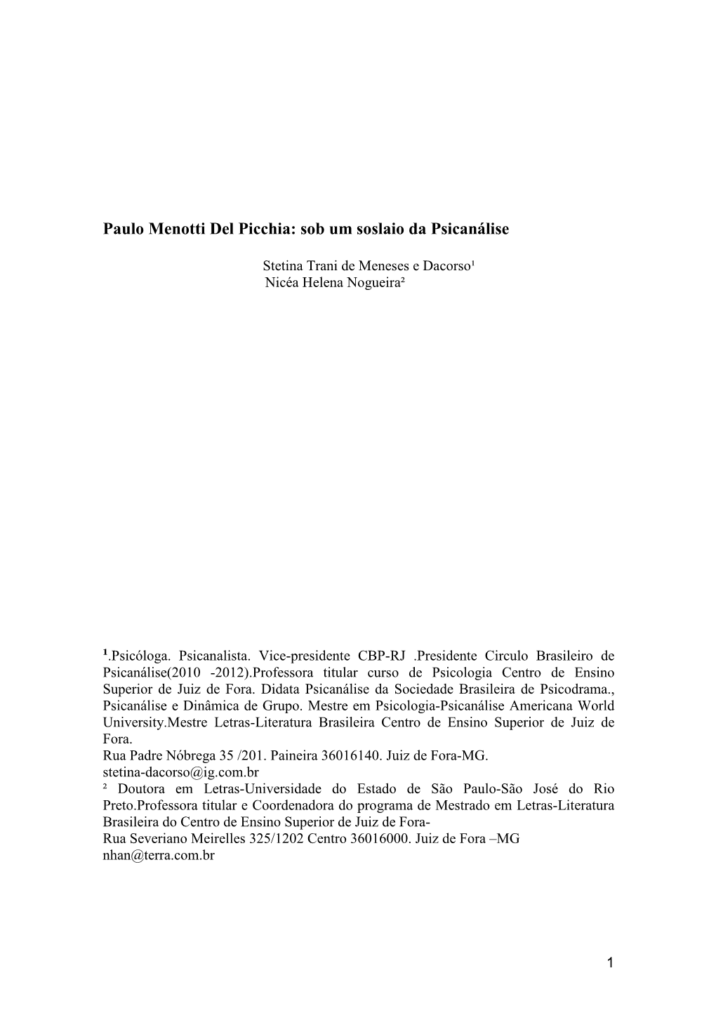 Paulo Menotti Del Picchia: Sob Um Soslaio Da Psicanálise