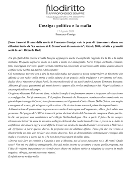 Cossiga: Politica E La Mafia 17 Agosto 2020 Francesco Cossiga