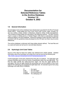 Documentation for Selected Reference Tables in the Archive Database Version 1.0 October 9, 2002