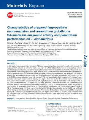 Characteristics of Prepared Fenpropathrin Nano-Emulsion and Research on Glutathione S-Transferase Enzymatic Activity and Penetration Performance on T