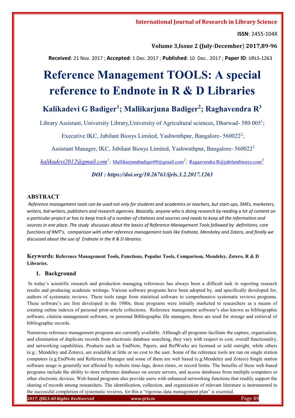 Reference Management TOOLS: a Special Reference to Endnote in R & D Libraries