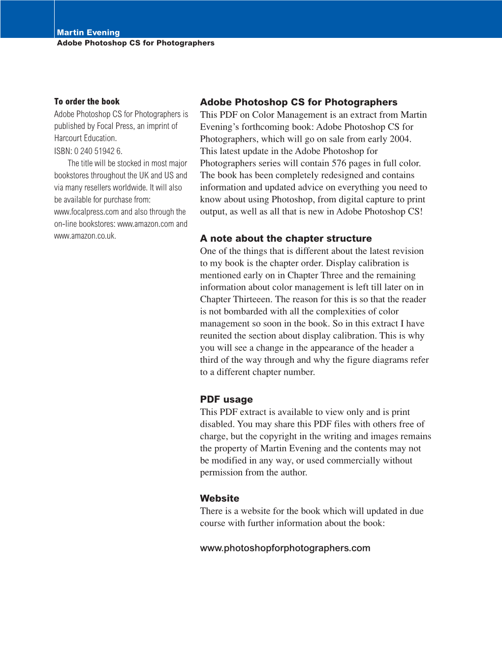 Color Management Is an Extract from Martin Published by Focal Press, an Imprint of Evening’S Forthcoming Book: Adobe Photoshop CS for Harcourt Education