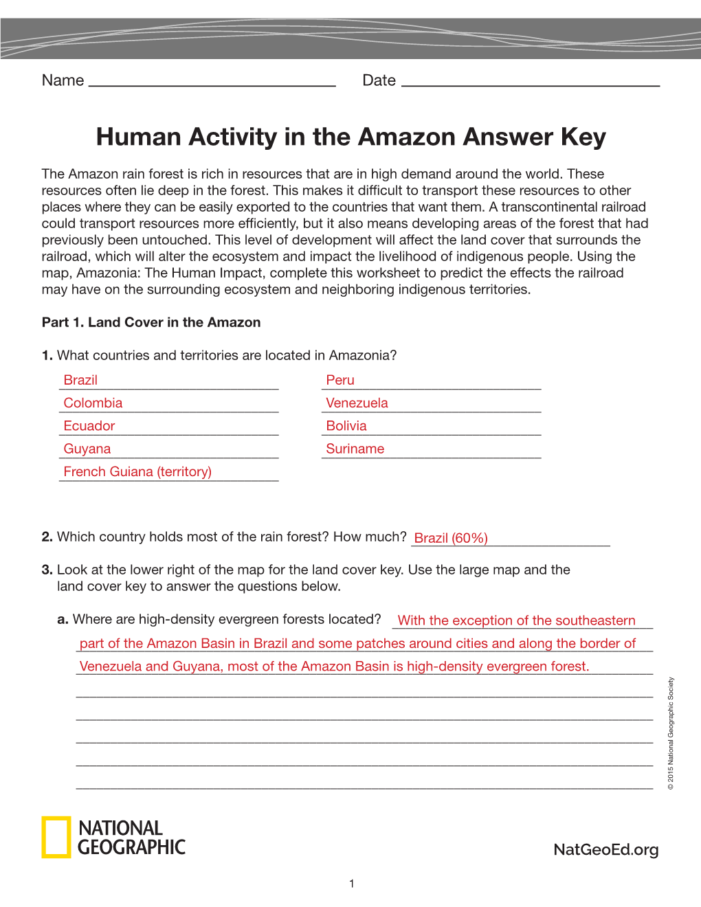 Human Activity in the Amazon Answer Key