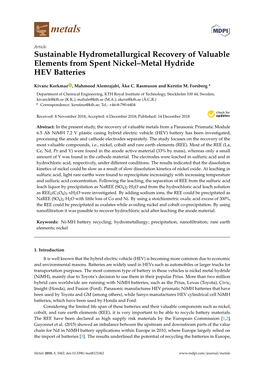 Sustainable Hydrometallurgical Recovery of Valuable Elements from Spent Nickel–Metal Hydride HEV Batteries