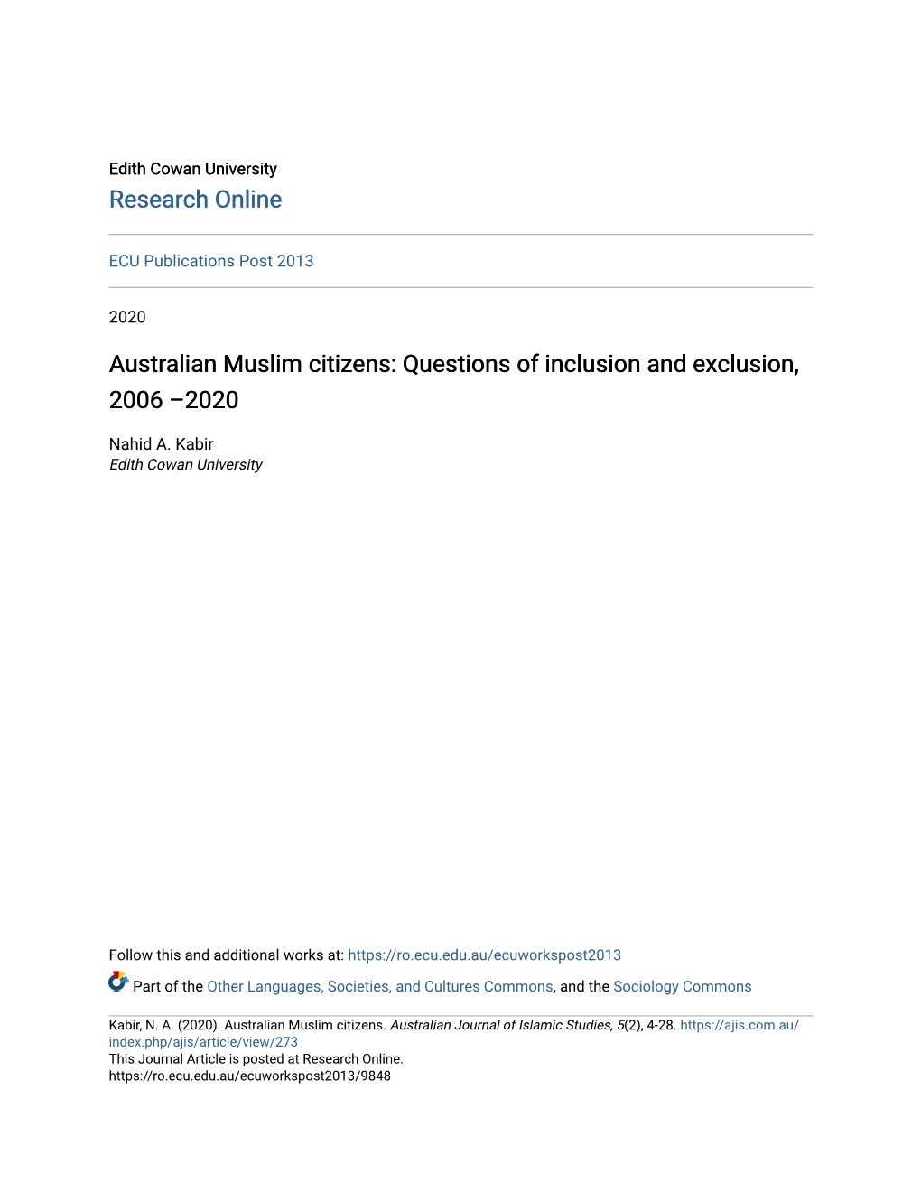 Australian Muslim Citizens: Questions of Inclusion and Exclusion, 2006 –2020