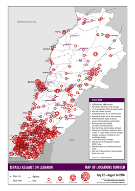 Israeli Assault on Lebanon Map of Locations Bombed