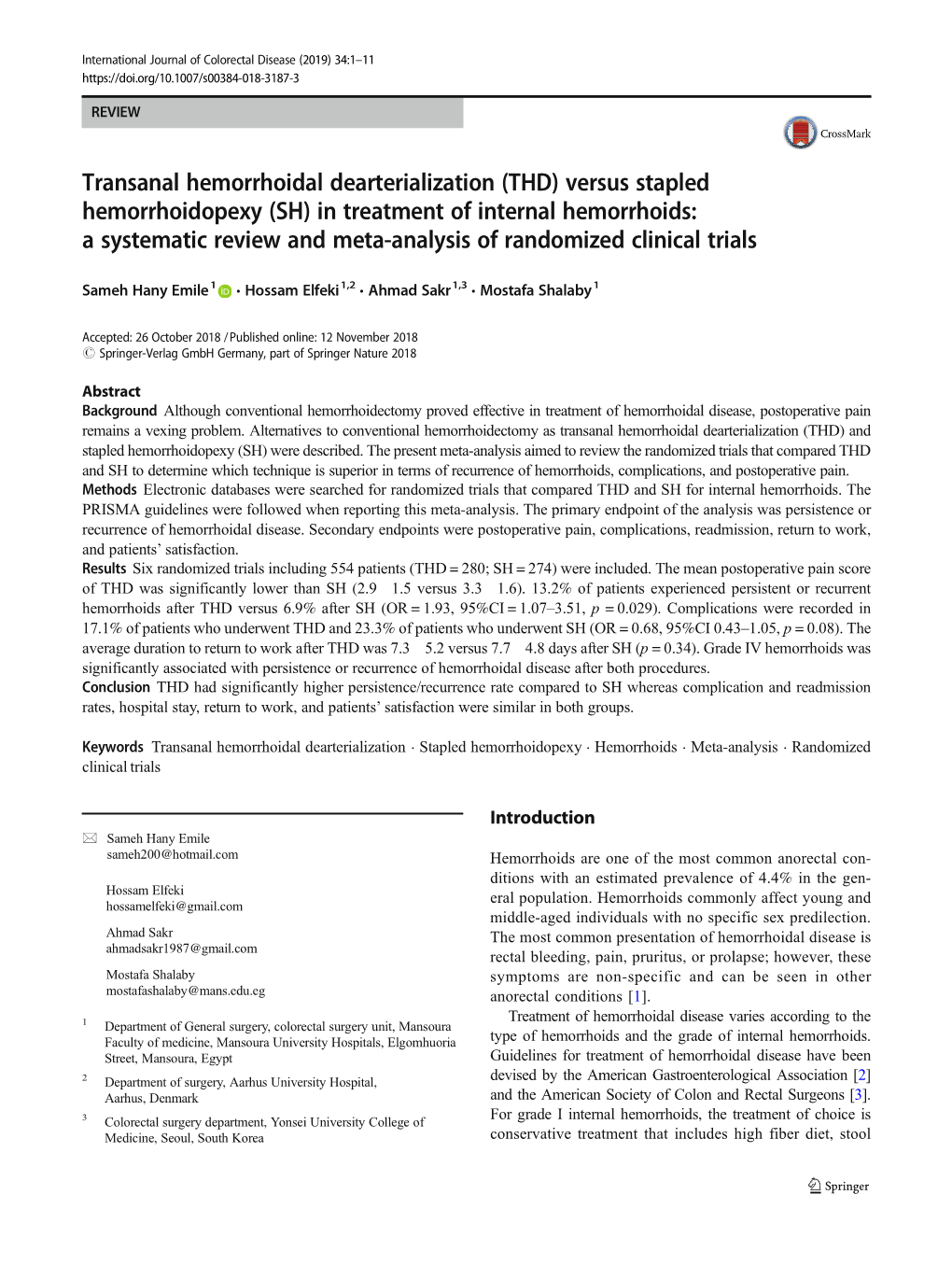Transanal Hemorrhoidal Dearterialization (THD) Versus Stapled Hemorrhoidopexy (SH) in Treatment of Internal Hemorrhoids: a Syste