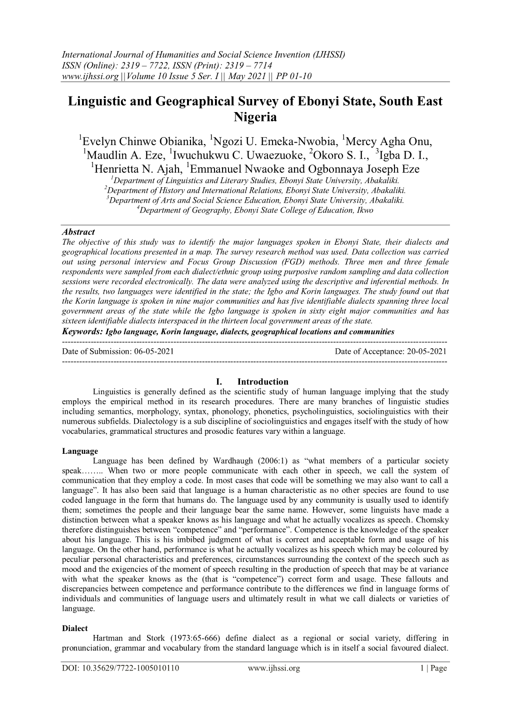 Linguistic and Geographical Survey of Ebonyi State, South East Nigeria