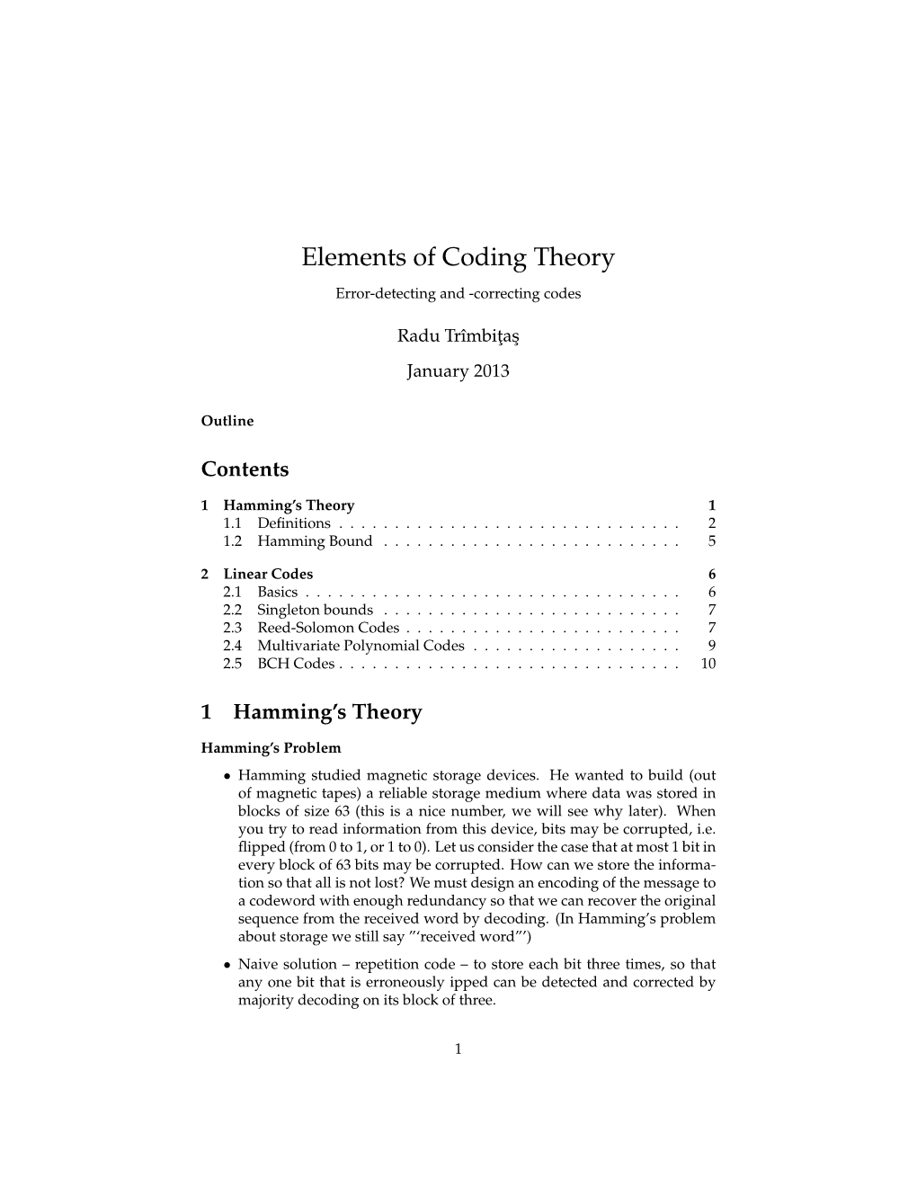 Elements of Coding Theory Error-Detecting and -Correcting Codes