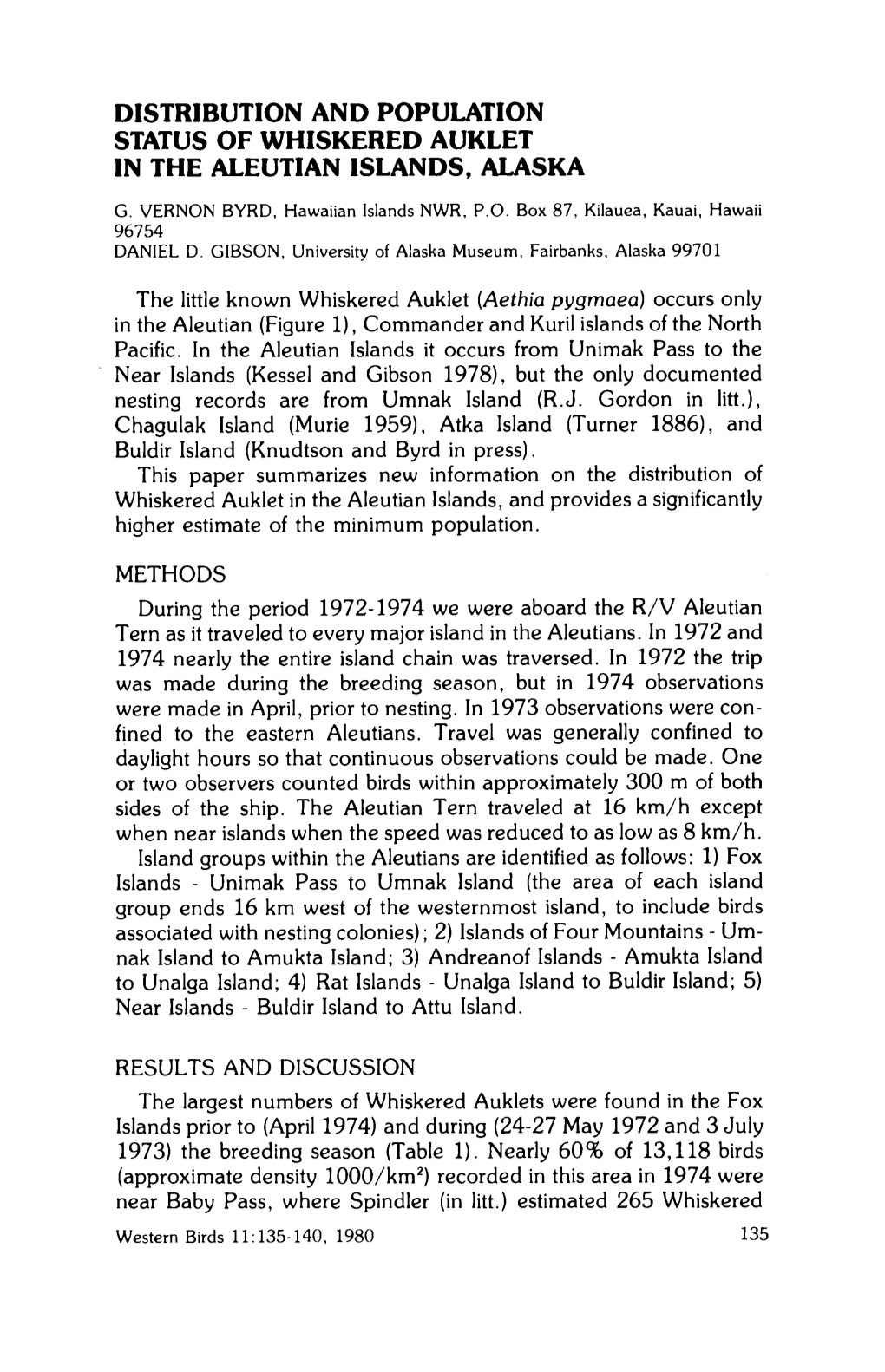 Distribution and Population Status of Whiskered Auklet in the Aleutian Islands, Alaska