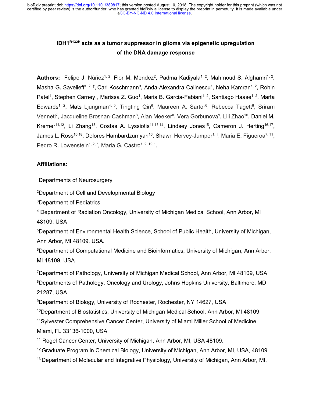 IDH1R132H Acts As a Tumor Suppressor in Glioma Via Epigenetic Upregulation of the DNA Damage Response