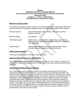 Minutes Legislation and Policy Committee Meeting Board of Directors of the Virginia Economic Development Partnership January 29, 2020 12:30 P.M