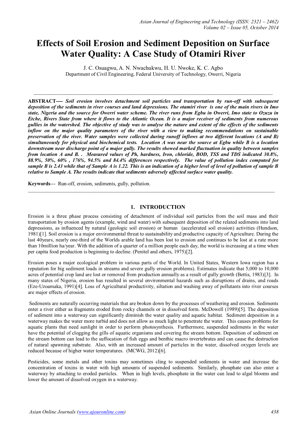 Effects of Soil Erosion and Sediment Deposition on Surface Water Quality: a Case Study of Otamiri River