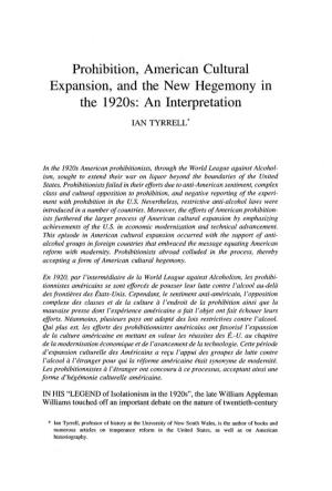 Prohibition, American Cultural Expansion, and the New Hegemony in the 1920S: an Interpretation