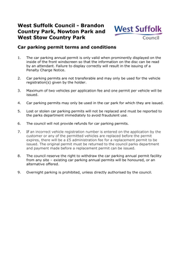 Brandon Country Park, Nowton Park and West Stow Country Park Car Parking Permit Terms and Conditions