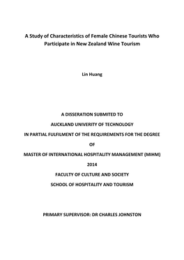 A Study of Characteristics of Female Chinese Tourists Who Participate in New Zealand Wine Tourism