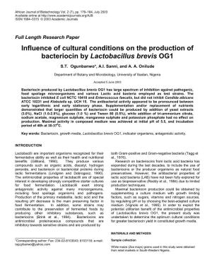 Influence of Cultural Conditions on the Production of Bacteriocin by Lactobacillus Brevis OG1