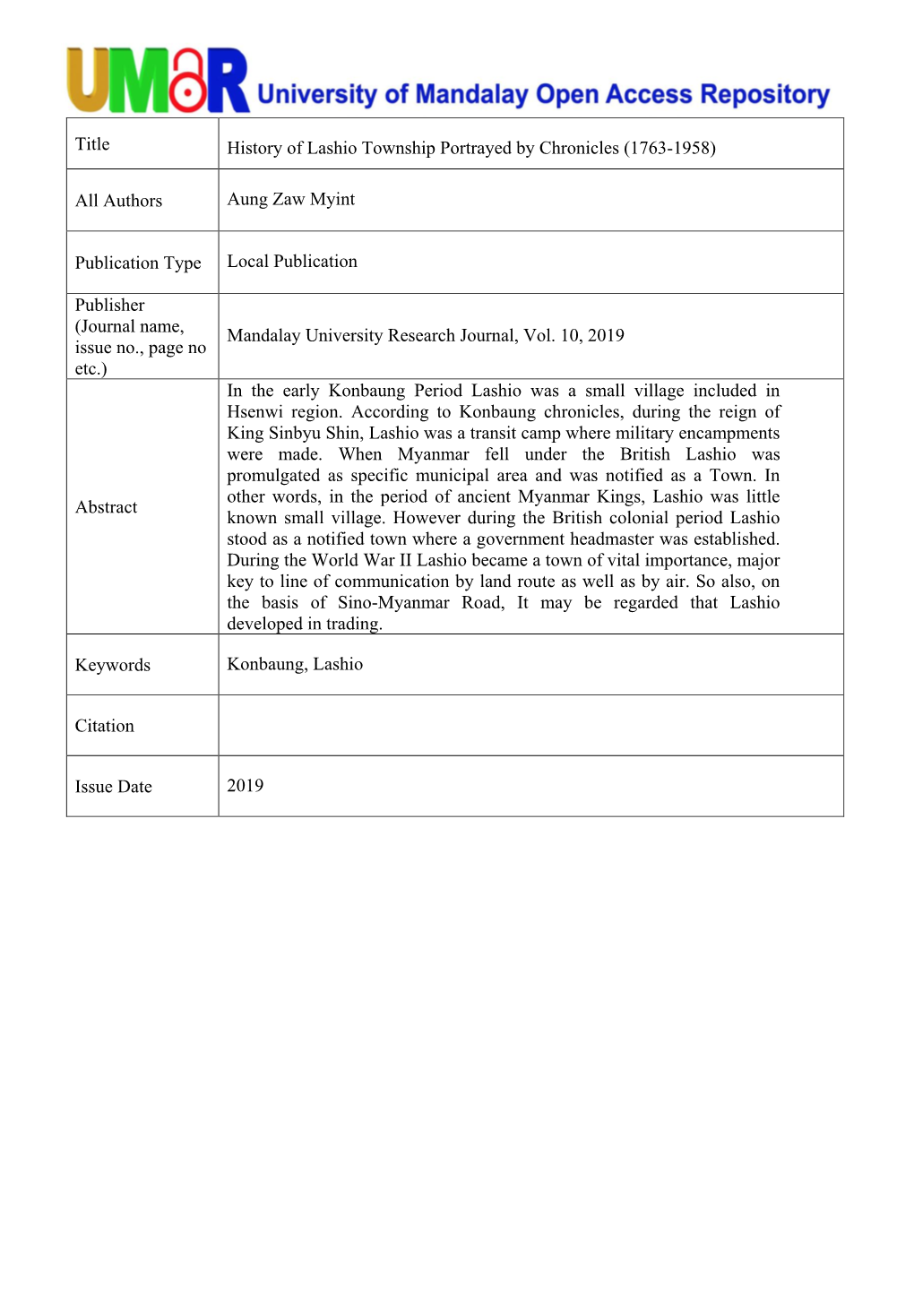 Title History of Lashio Township Portrayed by Chronicles (1763-1958)