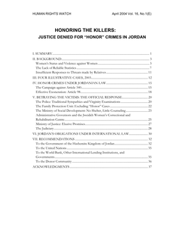 Honoring the Killers: Justice Denied for "Honor" Crimes in Jordan