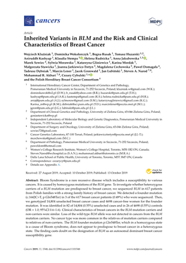 Inherited Variants in BLM and the Risk and Clinical Characteristics of Breast Cancer