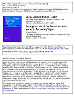 Social Work in Public Health an Application of the Transtheoretical Model to Becoming Vegan
