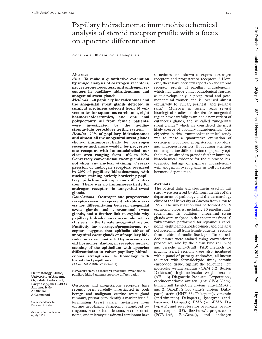 Papillary Hidradenoma: Immunohistochemical J Clin Pathol: First Published As 10.1136/Jcp.52.11.829 on 1 November 1999
