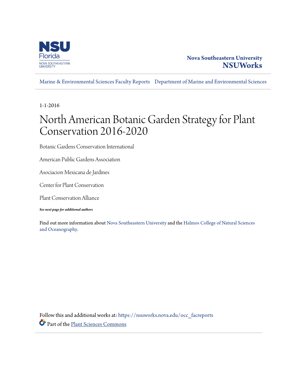 North American Botanic Garden Strategy for Plant Conservation 2016-2020 Botanic Gardens Conservation International