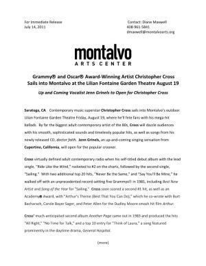 Grammy® and Oscar® Award-Winning Artist Christopher Cross Sails Into Montalvo at the Lilian Fontaine Garden Theatre August 19