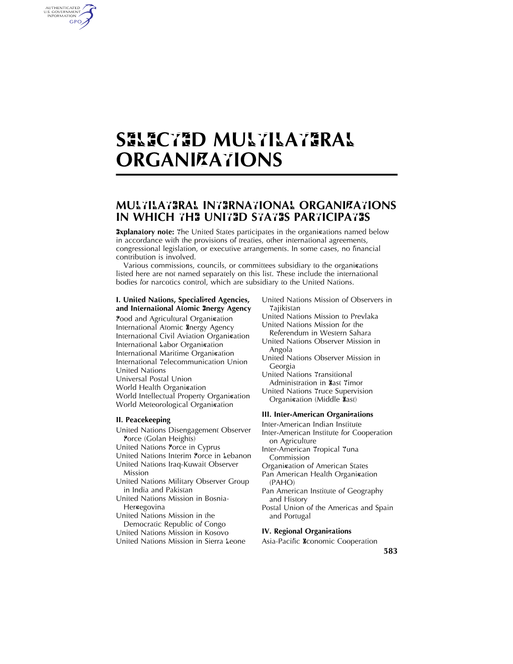 Selected Multilateral Organizations