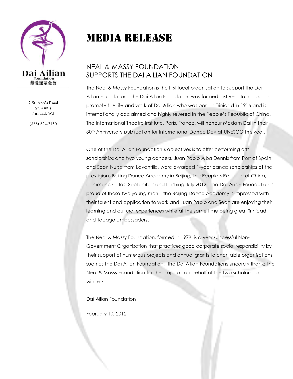 DAF Media Release Neal and Massy Foundation