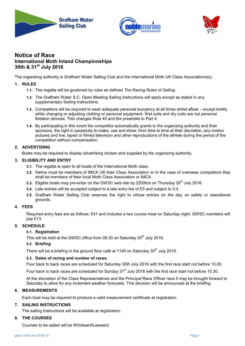 Notice of Race International Moth Inland Championships 30Th & 31St July 2016