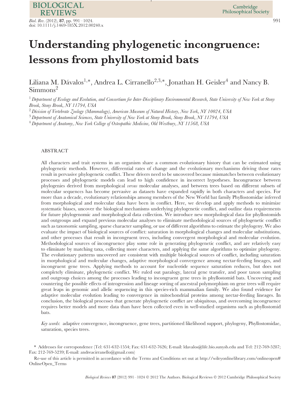 Understanding Phylogenetic Incongruence: Lessons from Phyllostomid Bats