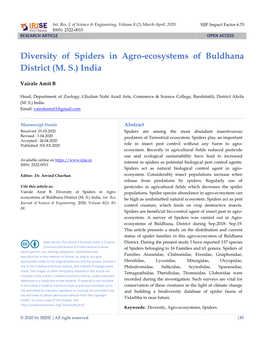 Diversity of Spiders in Agro-Ecosystems of Buldhana District (M