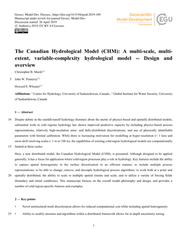 The Canadian Hydrological Model (CHM): a Multi-Scale, Multi- Extent, Variable-Complexity Hydrological Model -- Design and Overview Christopher B