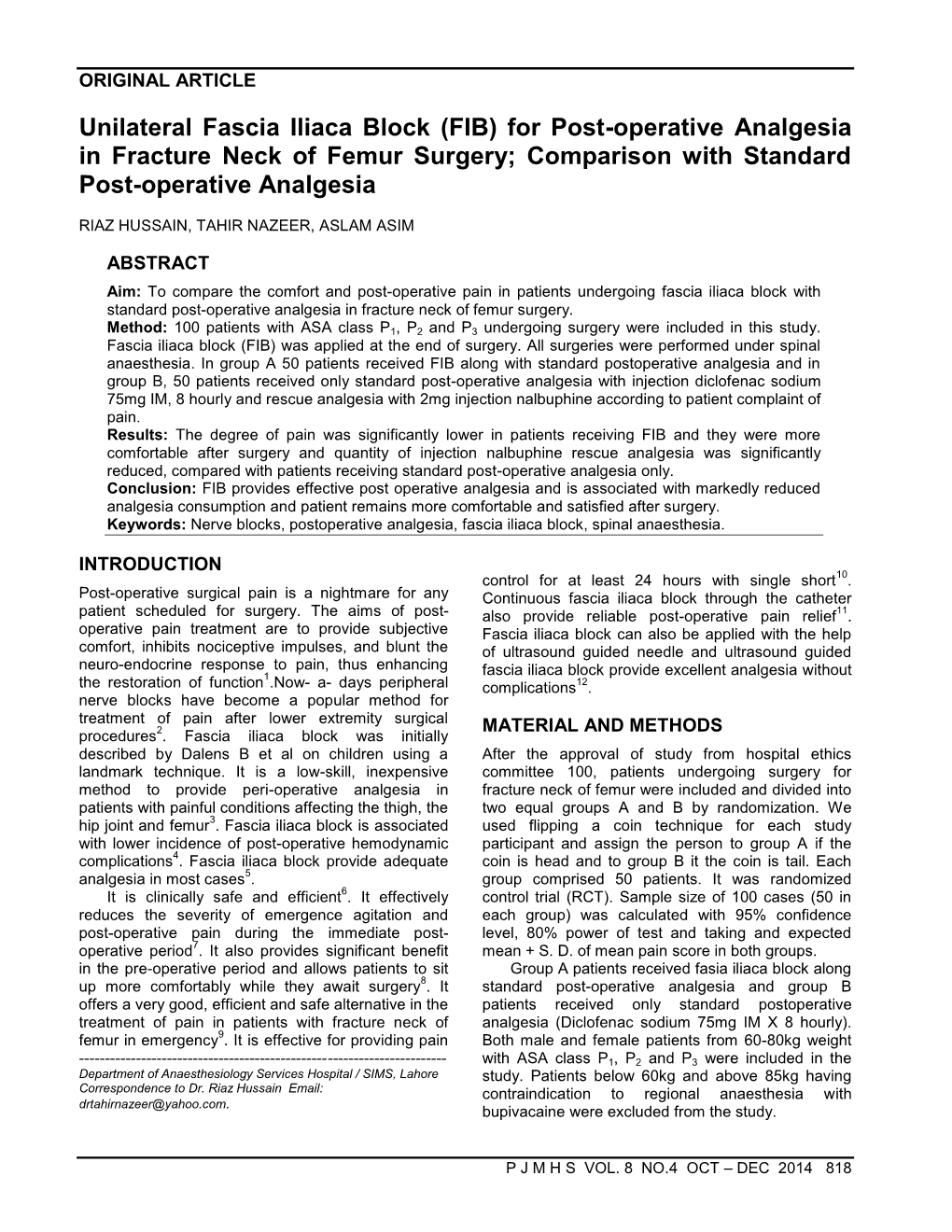 Unilateral Fascia Iliaca Block (FIB) for Postoperative Analgesia in Fracture