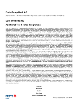 Erste Group Bank AG EUR 2,000,000,000 Additional Tier 1 Notes Programme