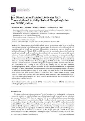 Jun Dimerization Protein 2 Activates Mc2r Transcriptional Activity: Role of Phosphorylation and Sumoylation
