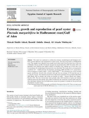 Existence, Growth and Reproduction of Pearl Oyster Pinctada Margaritifera in Hadhramout Coast/Gulf of Aden