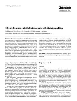 Elevated Plasma Endothelin in Patients with Diabetes Mellitus