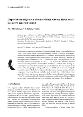 Dispersal and Migration of Female Black Grouse Tetrao Tetrix in Eastern Central Finland