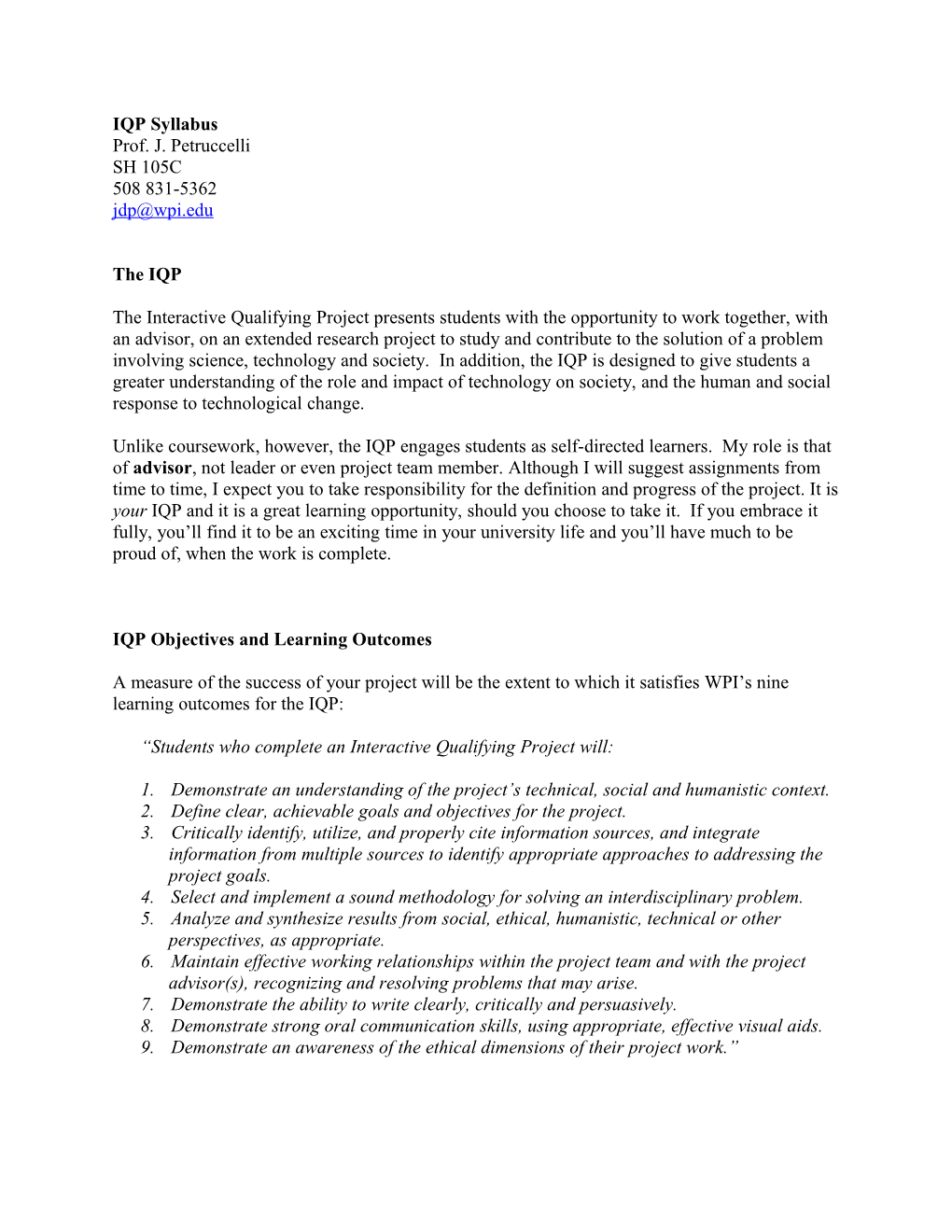 IQP Objectives and Learning Outcomes