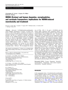 MDMA (Ecstasy) and Human Dopamine, Norepinephrine, and Serotonin Transporters: Implications for MDMA-Induced Neurotoxicity and Treatment