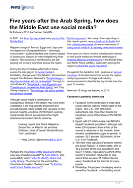 Five Years After the Arab Spring, How Does the Middle East Use Social Media? 24 February 2016, by Damian Radcliffe