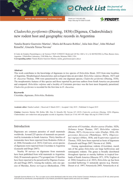 Cladorchis Pyriformis (Diesing, 1838) (Digenea, Cladorchiidae): New Rodent Host and Geographic Records in Argentina