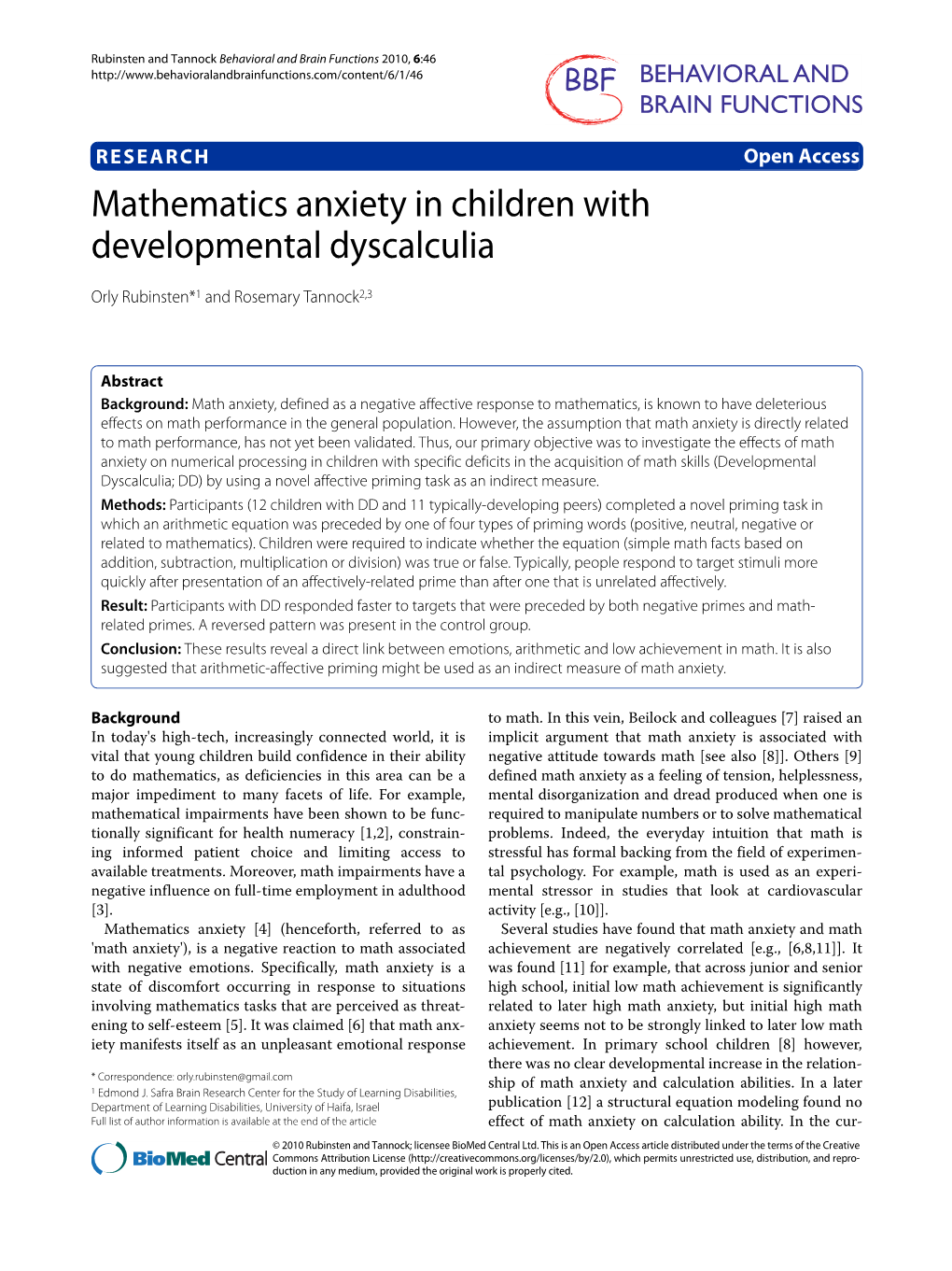 Mathematics Anxiety in Children with Developmental Dyscalculia Behavioral and Brain Functions 2010, 6:46