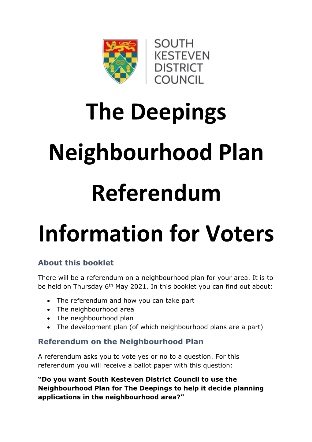 The Deepings Neighbourhood Plan Referendum Information for Voters