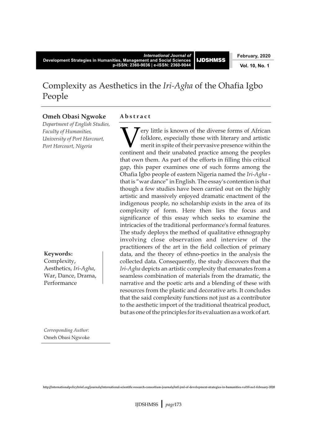 Complexity As Aesthetics in the Iri-Agha of the Ohafia Igbo People